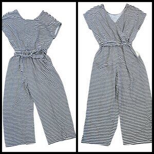 Old Navy Womens Size Large Knit Jumpsuit Belted Striped Pockets Wide Leg Gray‎